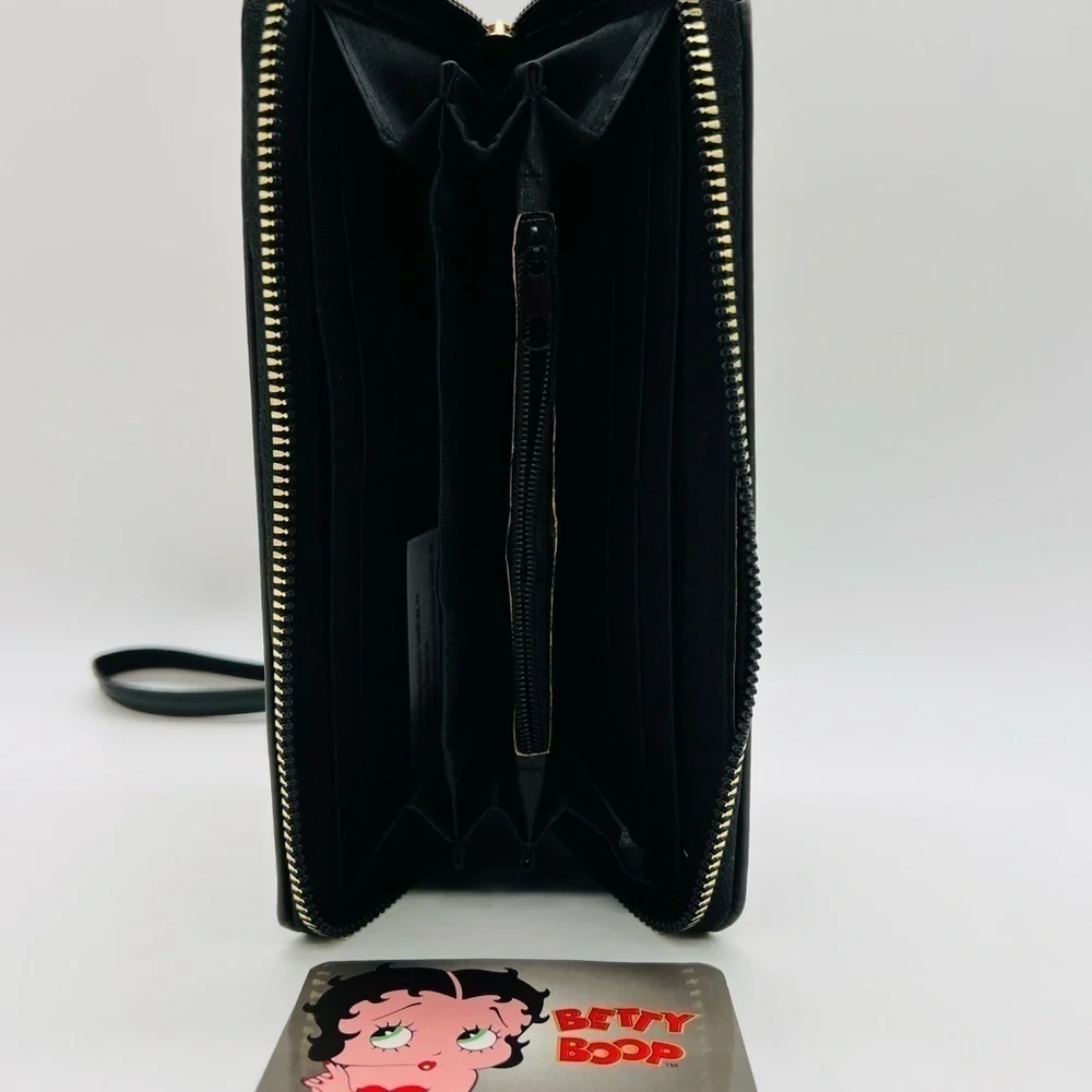 BETTY BOOP ZIP AROUND WRISTLET BLACK, RED AND GOLD HARDWARE